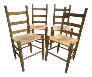 Set of Four Early 20th Century American Ladder-Back Wood and Deer Hide Chairs.