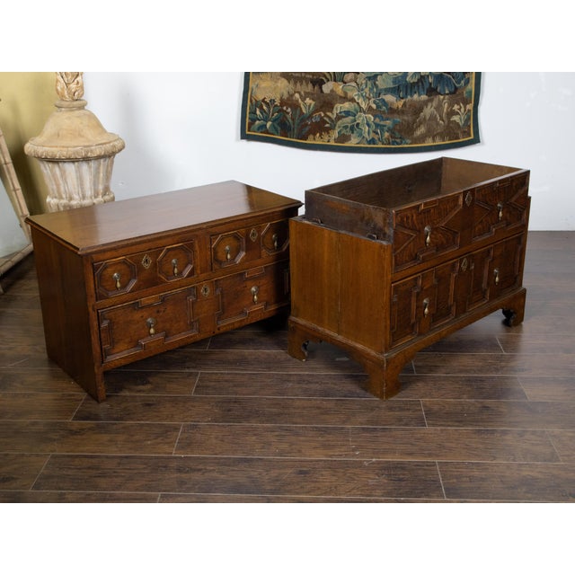 Wood English George III Period 1800s Oak Two Part Geometric Front Five Drawer Chest For Sale - Image 7 of 12