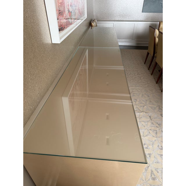 Pair of Contemporary Champagne Lacquered Buffets With Faceted Doors and Tempered Glass Tops For Sale - Image 4 of 9