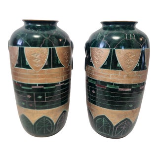 Pair Large Postmodern Vintage Green and Gold Floor Vases For Sale