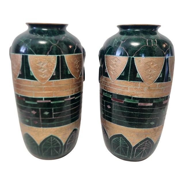 Pair Large Postmodern Vintage Green and Gold Floor Vases For Sale