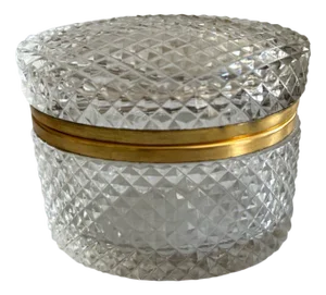 Mid-Century Modern French Oval Crystal Glass Jewelry Casket with Gilt Metal Rim, 1958