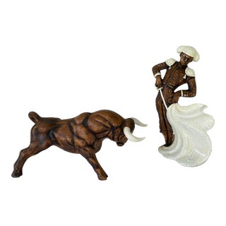 Vintage Mid-Century Ceramic Matador & Bull Figurine Set, Spanish Bullfighting Scene, Usa For Sale