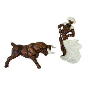Vintage Mid-Century Ceramic Matador & Bull Figurine Set, Spanish Bullfighting Scene, Usa