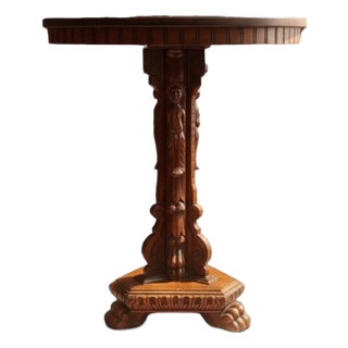 Antique Carved Pedestal Table Figural Base-Lion Paw Feet-Side-Accent-Victorian For Sale