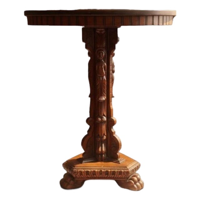 Antique Carved Pedestal Table Figural Base-Lion Paw Feet-Side-Accent-Victorian For Sale