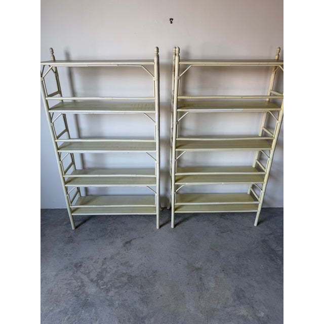 Vintage Coastal Faux Bamboo and Rattan Five-Tier Étagère Shelving Units – A Pair For Sale - Image 4 of 12