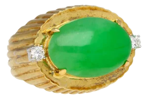 9.40 Carat Type A Fei Cui Jadeite Jade and Diamond Ring in Textured 18K Gold, Size 7