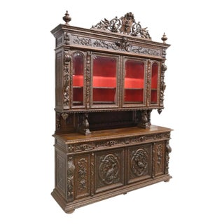 20th C. Antique French Henri II Style, Carved, Oak, Beveled Glass, Hunt Sideboard!! For Sale