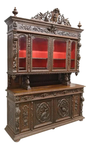 20th C. Antique French Henri II Style, Carved, Oak, Beveled Glass, Hunt Sideboard!!