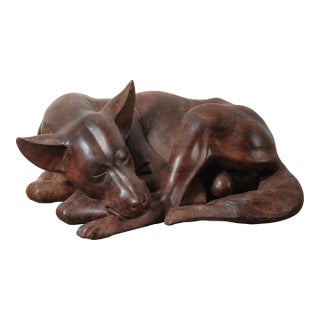 Hand-Carved Wooden Sleeping Dog Sculpture in Curled Resting Form For Sale