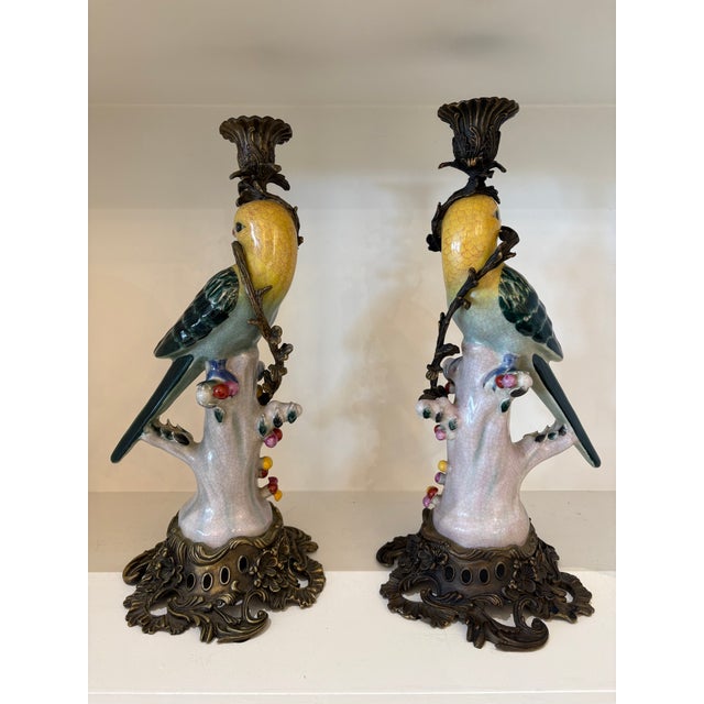 Italian Late 20th Century Bronze and Porcelain Parrot Candlesticks - a Pair For Sale - Image 3 of 5