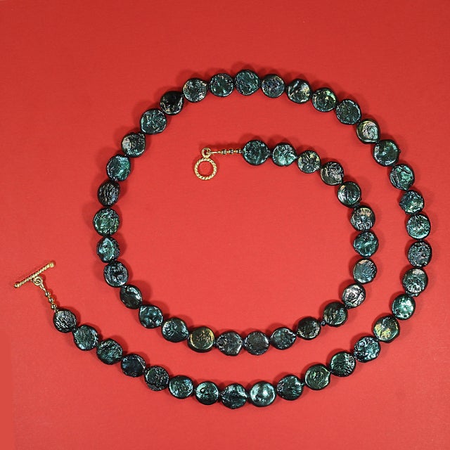 Traditional Ajd 28 Inch Iridescent Blue/Green Coin Pearl Necklace For Sale - Image 3 of 6