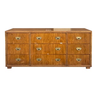1980s Drexel Passage Campaign Pecan 9 Drawer Lowboy Dresser For Sale