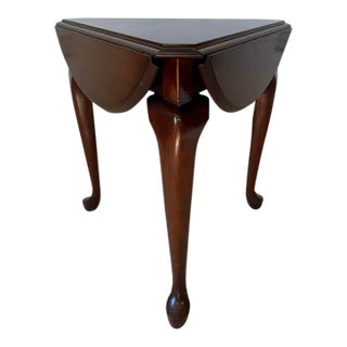 Vintage Queen Anne Style Solid Wood Drop Leaf Handkerchief Side Table For Sale