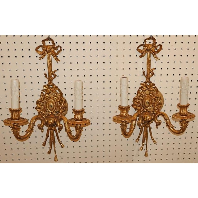 Mid 20th Century Elegant Louis XV French Style Gilt Bronze Two-Light Wall Sconces - Pair For Sale - Image 4 of 6