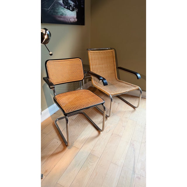 1990s Rattan B35 Cantilever Chair and B64 Viennese Wicker Armchair by Marcel Breuer for Thonet, Set of 2 For Sale - Image 5 of 18