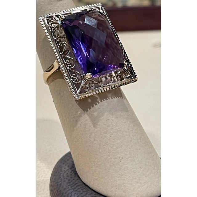 13.5 Carat Checker Board Amethyst Filigree Cocktail Ring in 14 Karat Yellow Gold For Sale - Image 13 of 18
