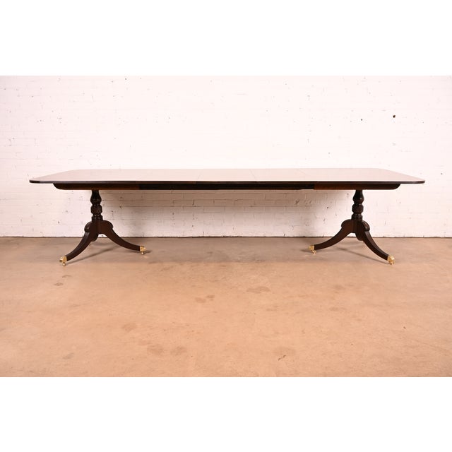 English Baker Furniture Georgian Banded Mahogany Double Pedestal Extension Dining Table, Circa 1980s For Sale - Image 3 of 13