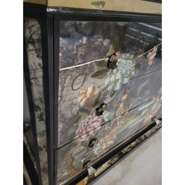 Rare Vintage Oversized Chinoiserie Emperor Verre Eglomise Black Mirrored Brass Painted 4 Drawer Chests Commodes- A Pair For Sale - Image 15 of 18