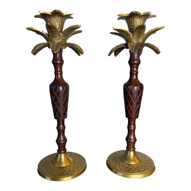 Pair of Vintage Brass & Carved Wood Palm Tree Candlesticks For Sale
