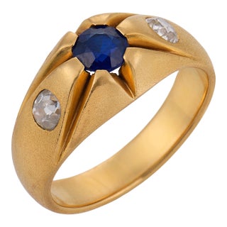 1900-1909 Victorian Sapphire Old European Cut Diamond 18k Yellow Gold Ring, Size 10.75 For Sale
