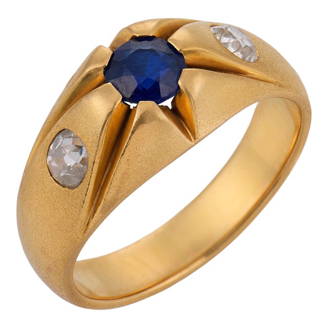 1900-1909 Victorian Sapphire Old European Cut Diamond 18k Yellow Gold Ring, Size 10.75 For Sale