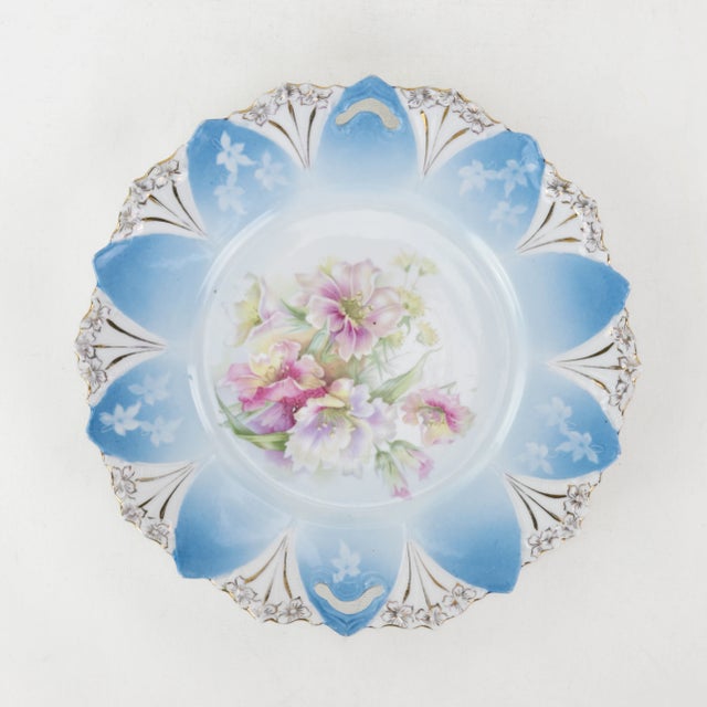 Ceramic Antique Blue and White Scalloped Porcelain Plate With Pastel Flowers For Sale - Image 7 of 7