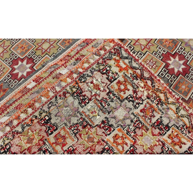Turkish Vintage Embroidered Kilim Rug With Tribal Star and Box Shapes in Colorful Tones For Sale In Atlanta - Image 6 of 7