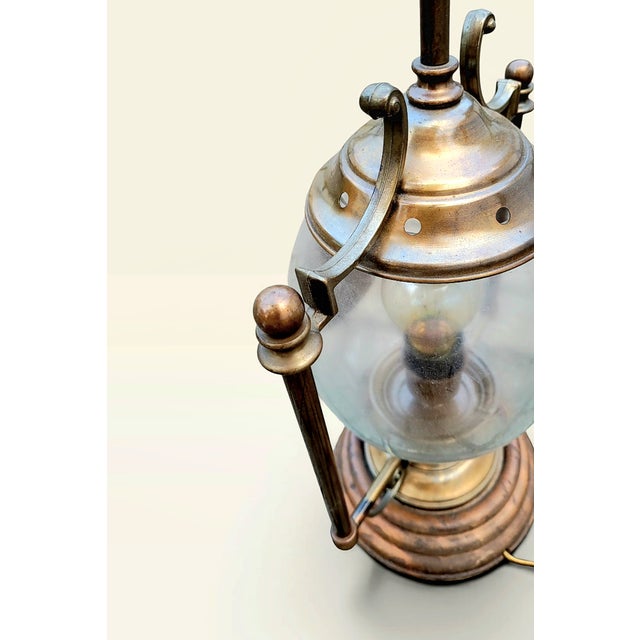 Mid-Century Modern Vintage Revival French Brass, Glass and Wood Hurricane Table Lamp, 1960s For Sale - Image 3 of 18