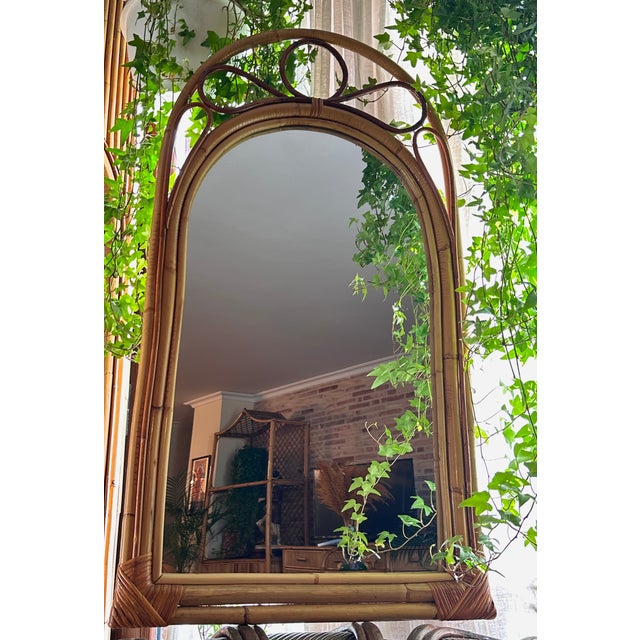 Large Spanish Rattan and Bamboo Arched Wall Mirror, 1960s For Sale - Image 4 of 11