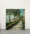 A decorative four-panel folding screen featuring a hand-painted coastal landscape with towering palm trees, a waterfront...
