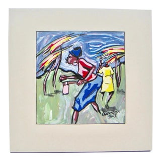 1980s "Cutting the Grass" Abstract Figurative Expressionist Painting by James Chamunorwa, Framed For Sale