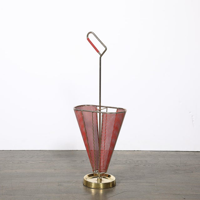 Mid-Century Modernist Sculptural Brass & Carnelian Red Enamel Umbrella Stand For Sale - Image 9 of 18
