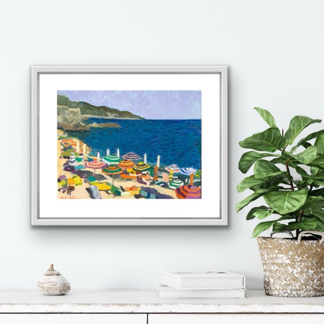 Looking at Colorful umbrellas on the beach is always a happy place for me. This original print depicts figures and...