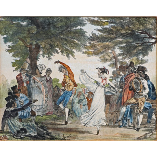 An outstanding set of four original, antique, hand-colored lithographs depicting traditional Italian dances and games,...