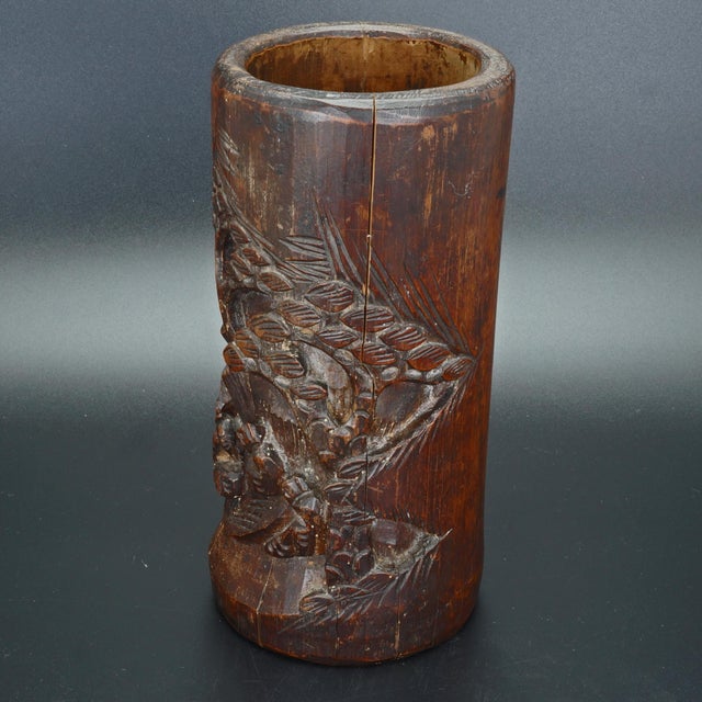 Chinese Chinese Carved Wood Bamboo Brush Pot Bitong 19th Century For Sale - Image 3 of 8