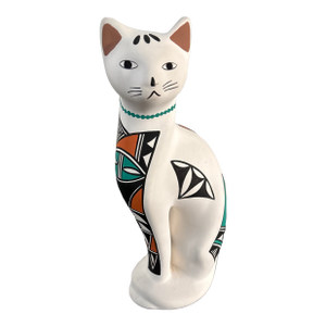 1980s Hand Painted Cat Pottery Figurine in Style of Native American Arts & Crafts, Signed