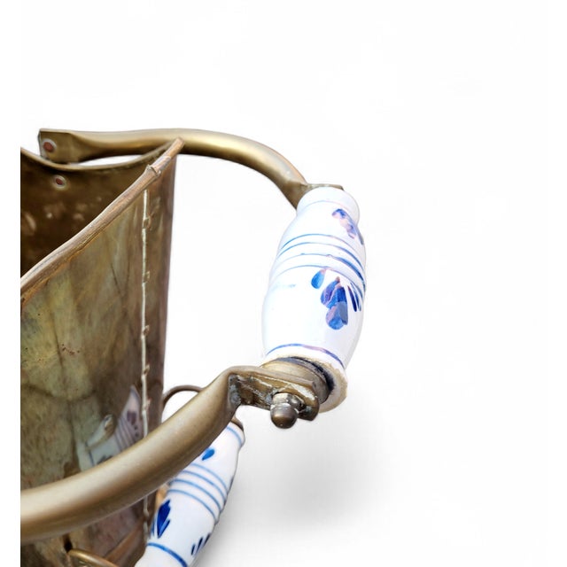 Antique Dutch Brass Umbrella Stand with Delft Blue Ceramic Handles, Netherlands, 1890 For Sale - Image 5 of 18