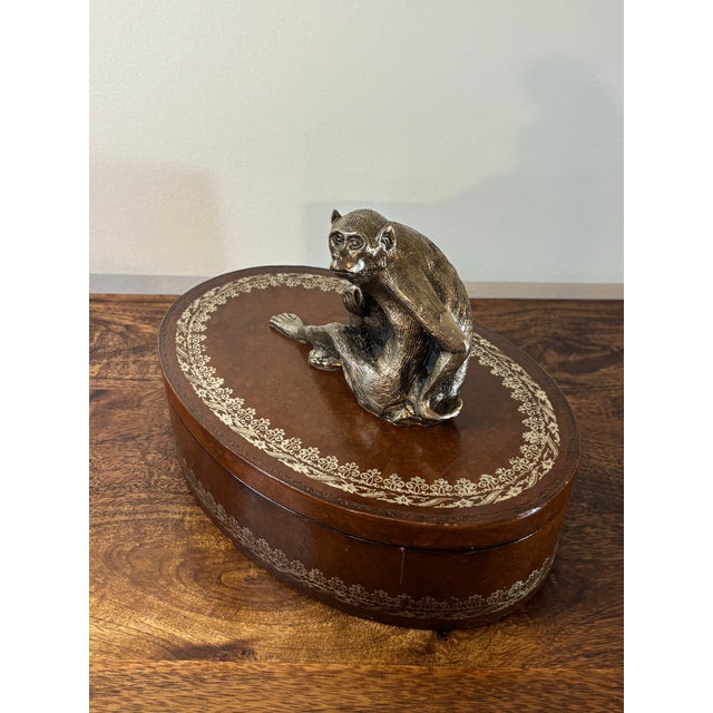 Wood Vintage Leather Decorative Box Attributed to Maitland Smith With Metal Monkey For Sale - Image 7 of 9