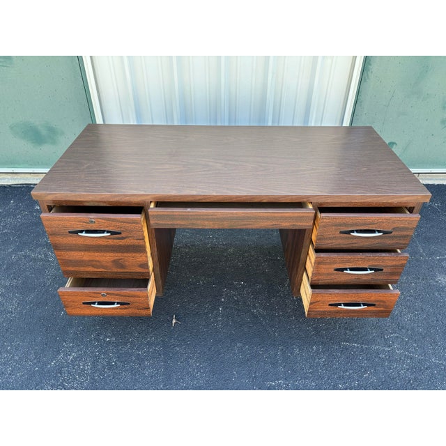1970s Mid-Century Modern Walnut Kneehole Tanker Desk For Sale - Image 11 of 12