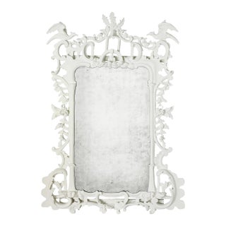 Ornate Rococo Antiqued Mirror in White With Avian Crest For Sale