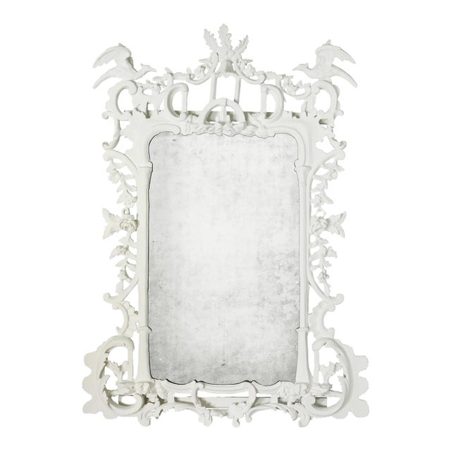 Ornate Rococo Antiqued Mirror in White With Avian Crest For Sale