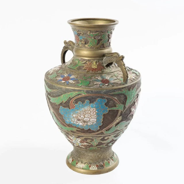 Japanese Vintage Japanese Bronze Champleve Vase With Ornate Handles For Sale - Image 3 of 11