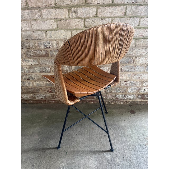 1960s 1960s Arthur Umanoff Rush, Iron, and Walnut Slat Swivel Chair For Sale - Image 5 of 12