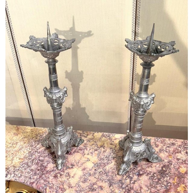 Large Silver-Plated Bronze Candlesticks, 1800s, Set of 2 For Sale - Image 5 of 8