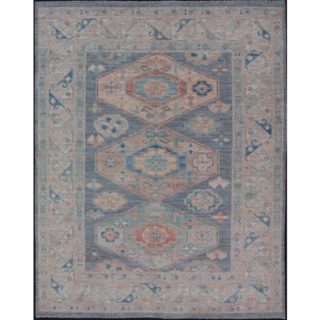 Modern Oushak With Three Large Medallion Design on a Blue-Gray Field For Sale - Image 12 of 12