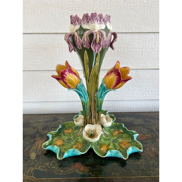 Antique French Majolica Vase Centerpiece Onnaing Art Nouveau Iris Tulip c1900. Direct from France, a rare antique majolica...