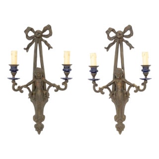 Patinated Brass Cherub Candlestick Sconces, Pair For Sale