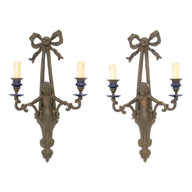 Patinated Brass Cherub Candlestick Sconces, Pair For Sale